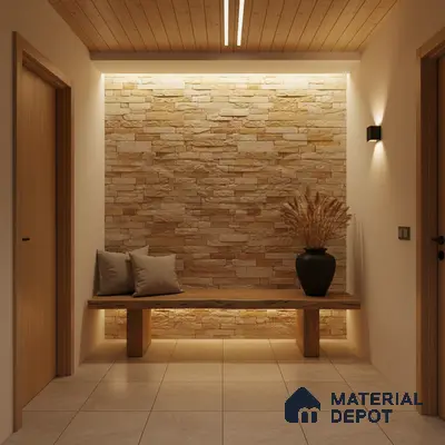 Scandinavian foyer with stacked stone cladding, wooden ceiling, and beige floor tiles in Bengaluru