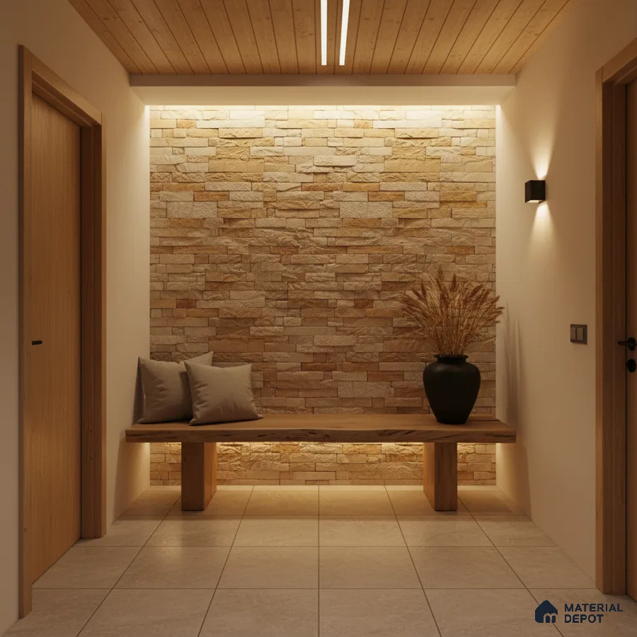 Scandinavian foyer with stacked stone cladding, wooden ceiling, and beige floor tiles in Bengaluru