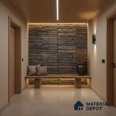 Scandinavian foyer with stacked stone cladding, wooden ceiling, and beige floor tiles in Bengaluru