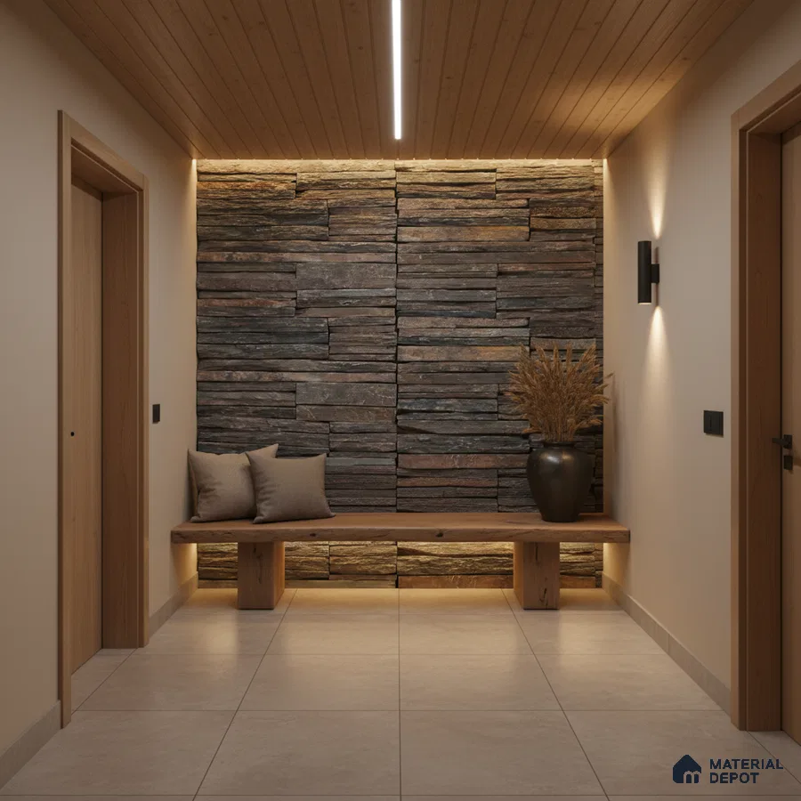 Scandinavian foyer with stacked stone cladding, wooden ceiling, and beige floor tiles in Bengaluru