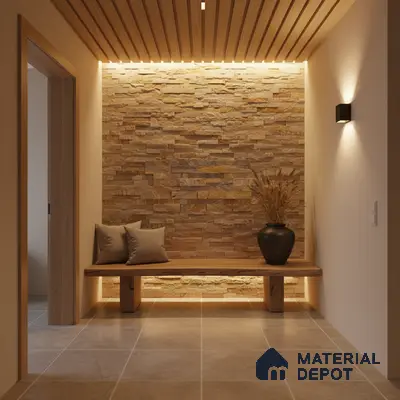 Scandinavian foyer with stacked stone cladding, wooden ceiling louvers, and beige floor tiles in Bengaluru