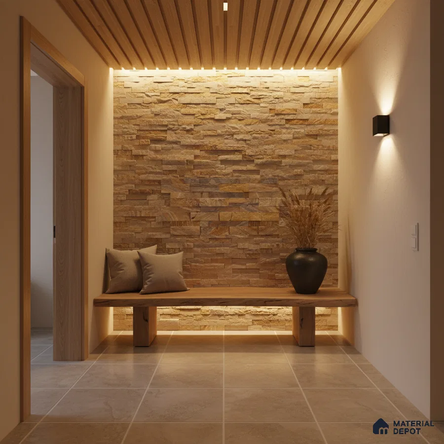 Scandinavian foyer with stacked stone cladding, wooden ceiling louvers, and beige floor tiles in Bengaluru