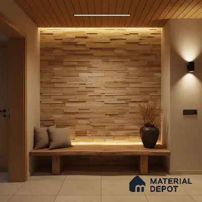 Scandinavian foyer with stacked stone cladding, wooden ceiling panels, and beige floor tiles in Bengaluru