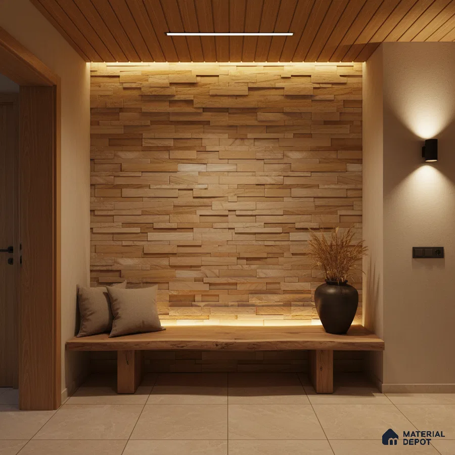Scandinavian foyer with stacked stone cladding, wooden ceiling panels, and beige floor tiles in Bengaluru