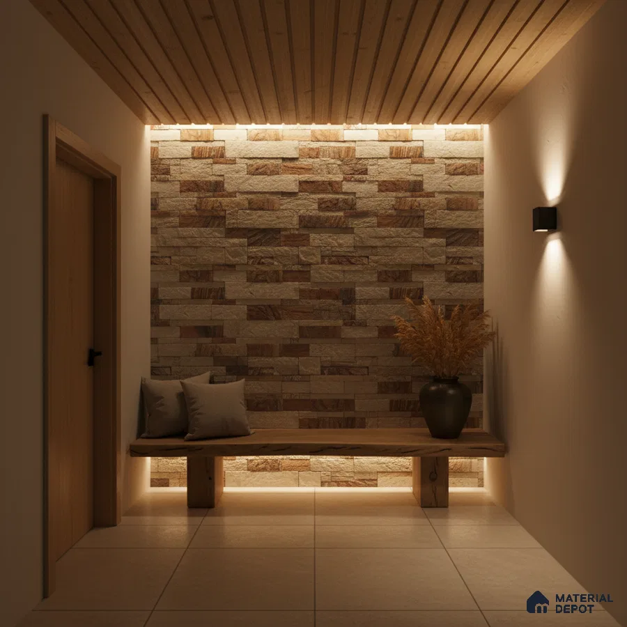 Scandinavian foyer with stacked stone cladding, wooden ceiling panels, and minimalist bench in Bengaluru