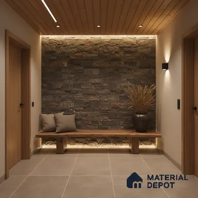 Scandinavian foyer with stone cladding accent wall, wooden ceiling, and beige floor tiles in Bengaluru