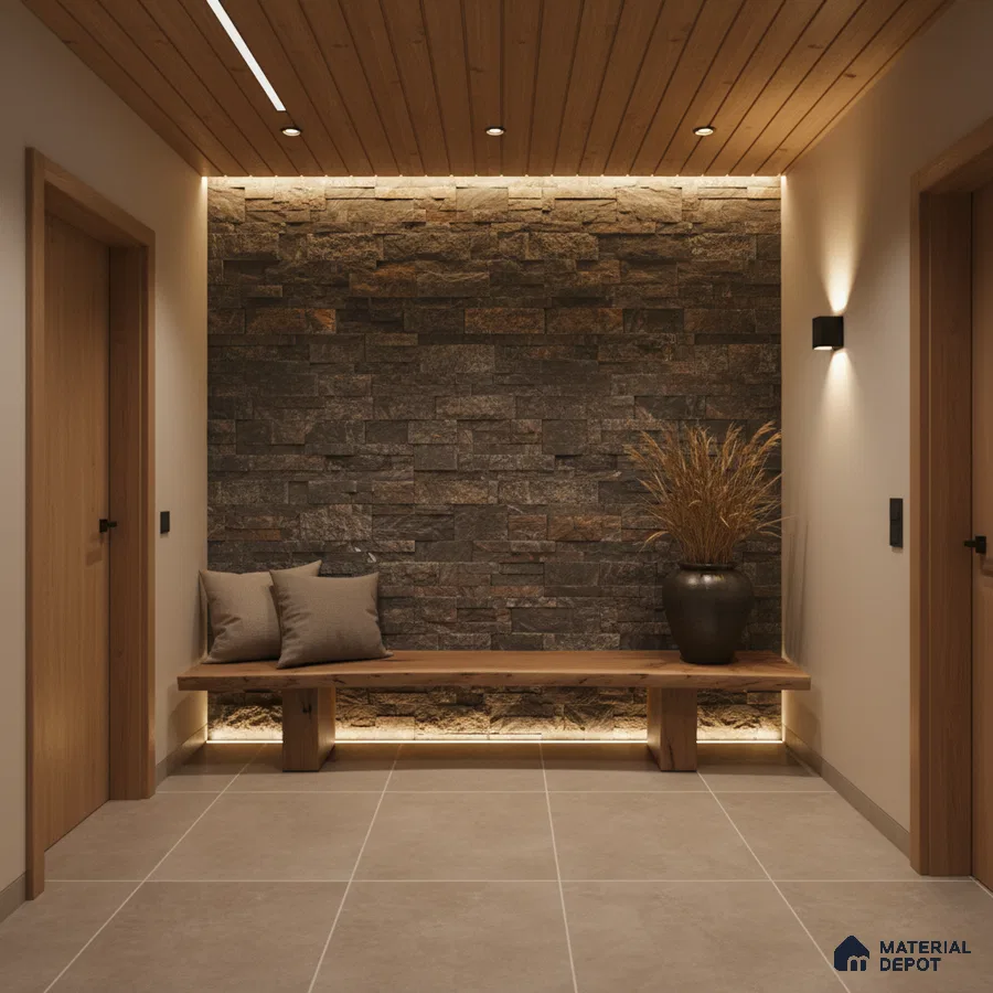 Scandinavian foyer with stone cladding accent wall, wooden ceiling, and beige floor tiles in Bengaluru