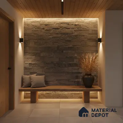 Scandinavian foyer with stone cladding accent wall, wooden ceiling, and beige floor tiles in Bengaluru