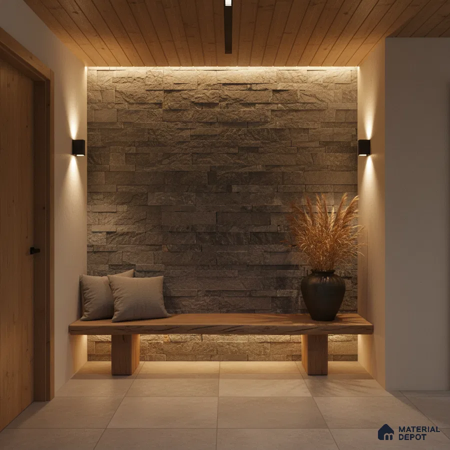 Scandinavian foyer with stone cladding accent wall, wooden ceiling, and beige floor tiles in Bengaluru
