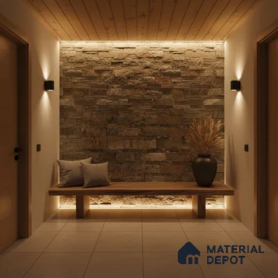 Scandinavian foyer with stone cladding accent wall, wooden ceiling, and minimalist bench in Bengaluru