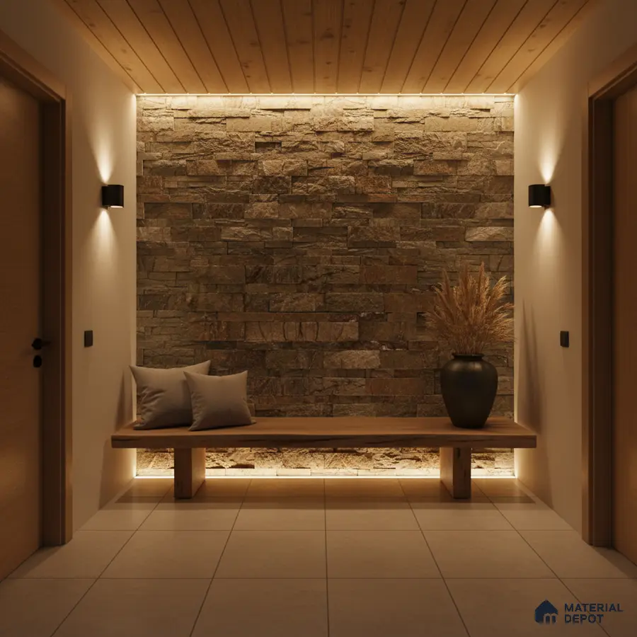 Scandinavian foyer with stone cladding accent wall, wooden ceiling, and minimalist bench in Bengaluru