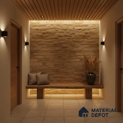 Scandinavian foyer with stone cladding accent wall, wooden ceiling louvers, and beige floor tiles in Bengaluru