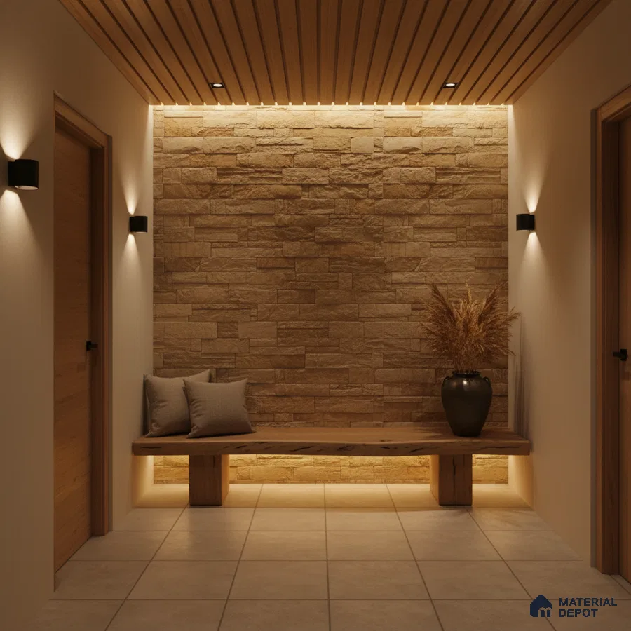 Scandinavian foyer with stone cladding accent wall, wooden ceiling louvers, and beige floor tiles in Bengaluru