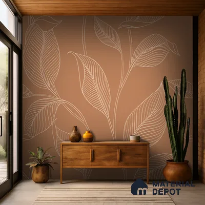 Scandinavian foyer with terracotta botanical wallpaper and natural wood console in Bengaluru