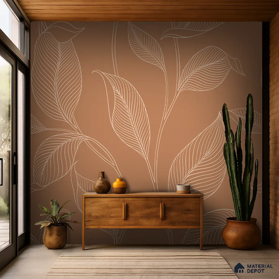 Scandinavian foyer with terracotta botanical wallpaper and natural wood console in Bengaluru