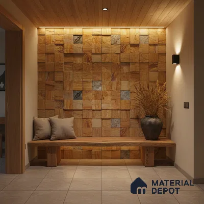 Scandinavian foyer with textured stone cladding accent wall and natural wood bench in Bengaluru