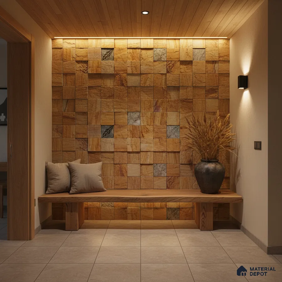 Scandinavian foyer with textured stone cladding accent wall and natural wood bench in Bengaluru