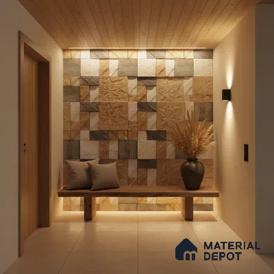 Scandinavian foyer with textured stone cladding accent wall and natural wood bench in Bengaluru