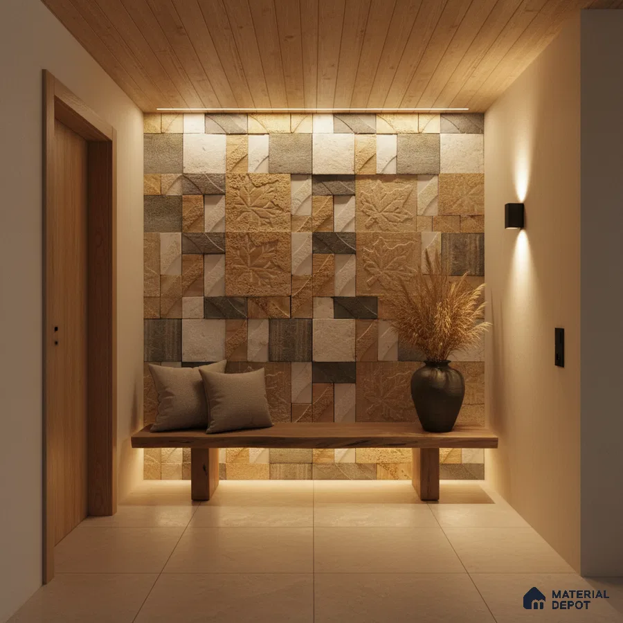 Scandinavian foyer with textured stone cladding accent wall and natural wood bench in Bengaluru