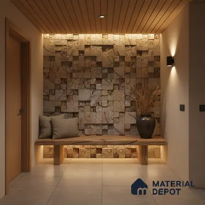 Scandinavian foyer with textured stone cladding, wooden ceiling, and neutral floor tiles in Bengaluru