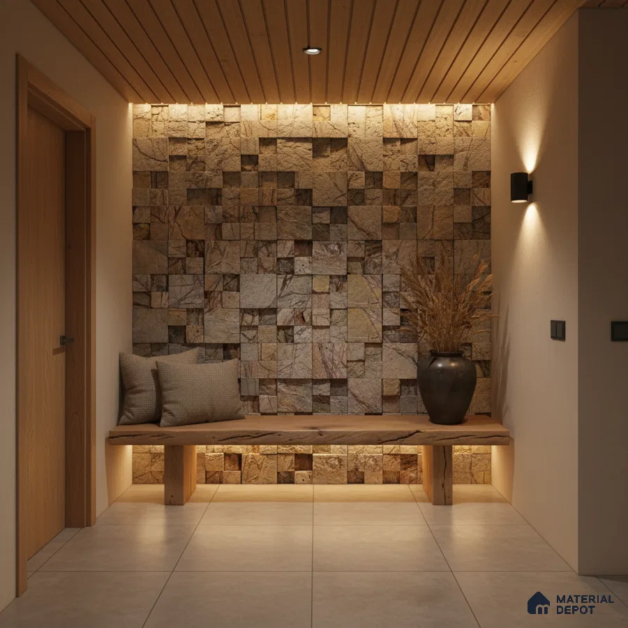 Scandinavian foyer with textured stone cladding, wooden ceiling, and neutral floor tiles in Bengaluru