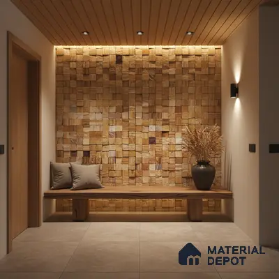 Scandinavian foyer with textured wood cladding, wooden ceiling, and beige floor tiles in Bengaluru