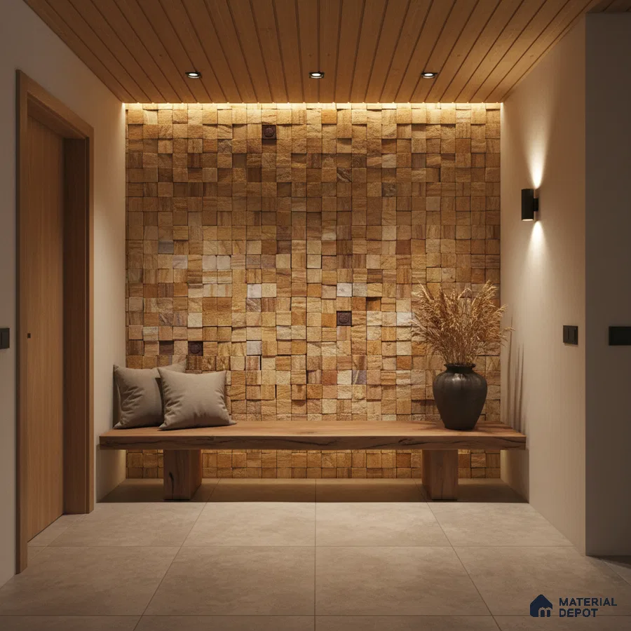 Scandinavian foyer with textured wood cladding, wooden ceiling, and beige floor tiles in Bengaluru