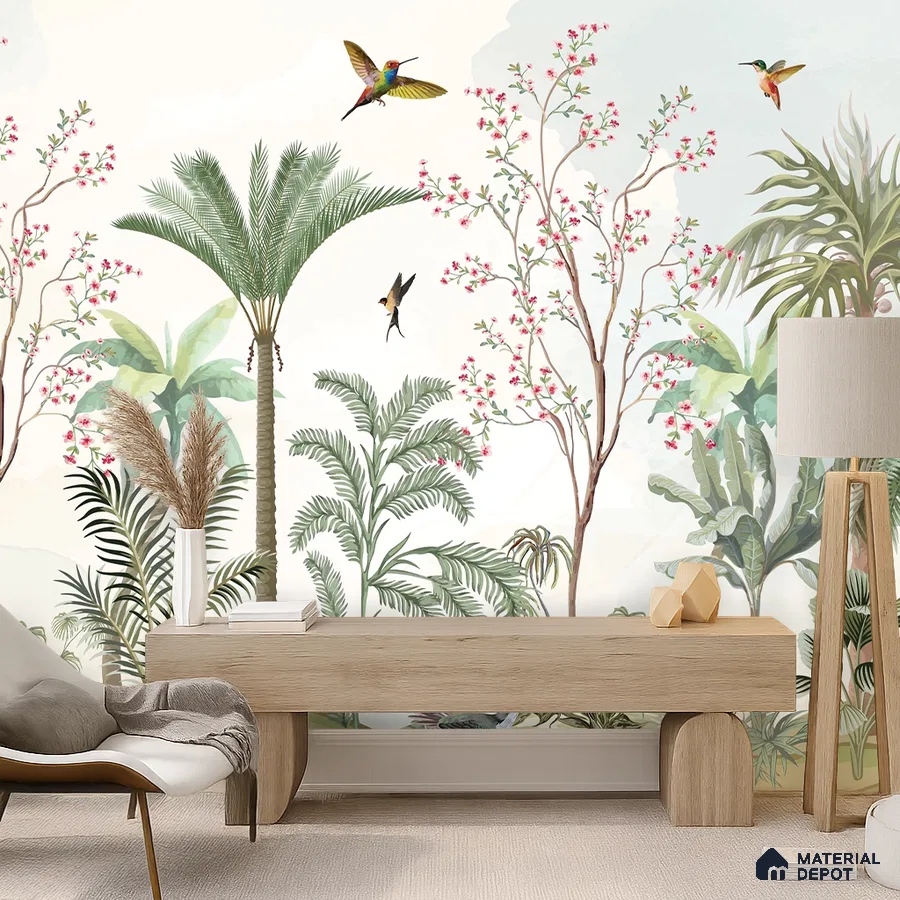 Scandinavian foyer with tropical nature wallpaper and light oak wood console in Bengaluru