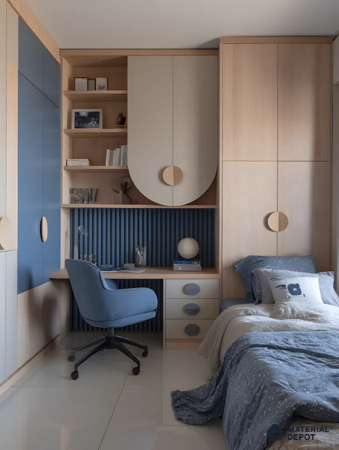 Scandinavian-Inspired Blue And Beige Kids Bedroom With Study Nook And Fluted Panel Accents | Material Depot