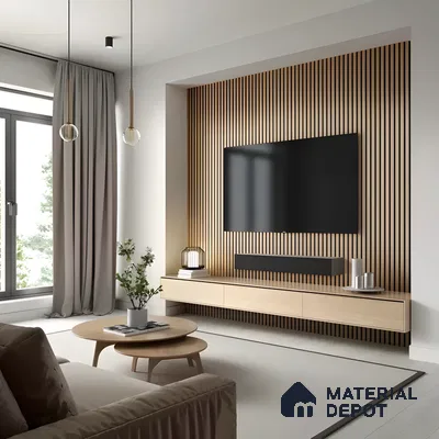Scandinavian-Inspired Tv Wall With Vertical Oak Fluted Panels And Floating Storage | Material Depot