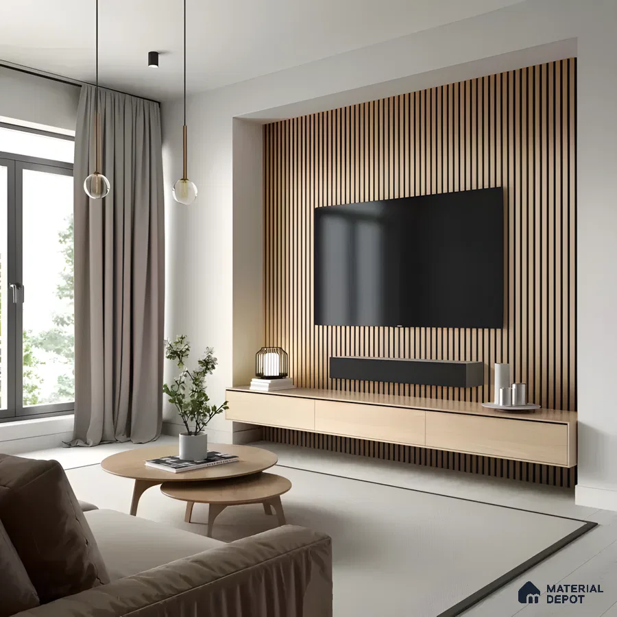 Scandinavian-Inspired Tv Wall With Vertical Oak Fluted Panels And Floating Storage | Material Depot