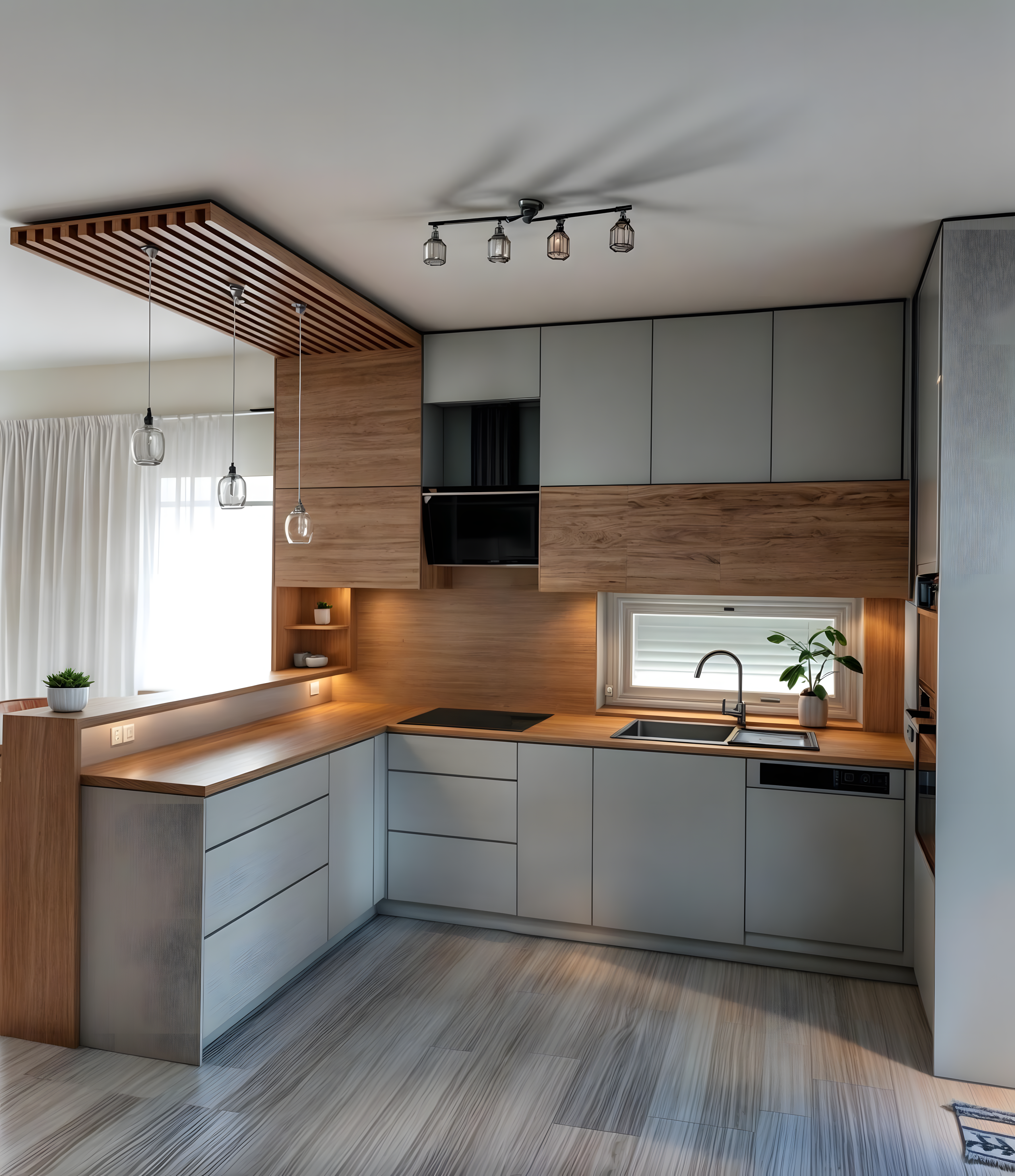 Scandinavian-Inspired U-Shaped Kitchen With Wooden Accents And Grey Cabinets | Material Depot