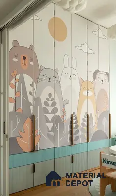 Scandinavian kids room wardrobe with animal print wallpaper and pastel fluted laminate | Material Depot