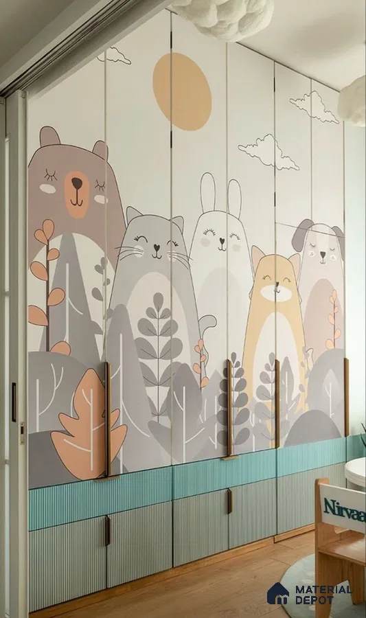 Scandinavian kids room wardrobe with animal print wallpaper and pastel fluted laminate | Material Depot