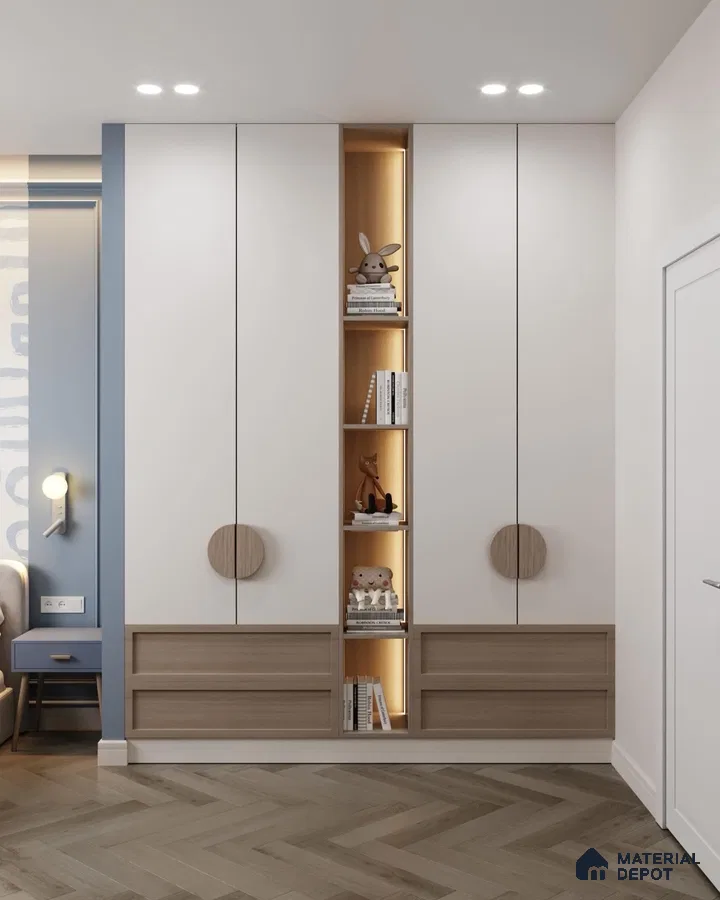 Scandinavian kids room wardrobe with frosty white laminate and light oak wood laminate, herringbone wooden flooring | Material Depot