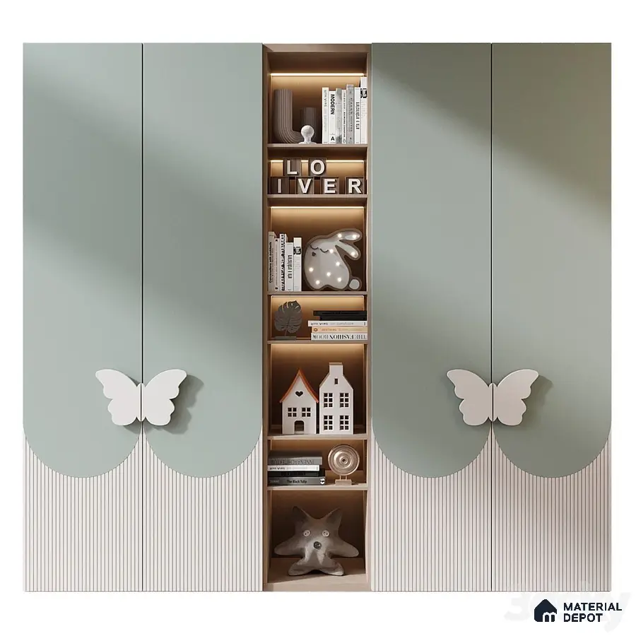 Scandinavian kids room wardrobe with pastel green laminate, fluted white laminate, and butterfly handles | Material Depot