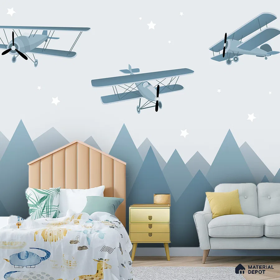 Scandinavian kids room with airplane-themed wallpaper and pastel upholstered bed in Bengaluru