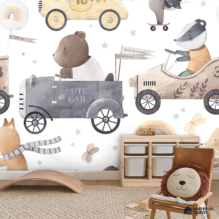 Scandinavian kids room with animal car-themed wallpaper and natural wood furniture in Bengaluru