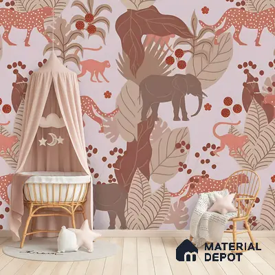 Scandinavian kids room with animal print pastel wallpaper and light wood flooring in Bengaluru