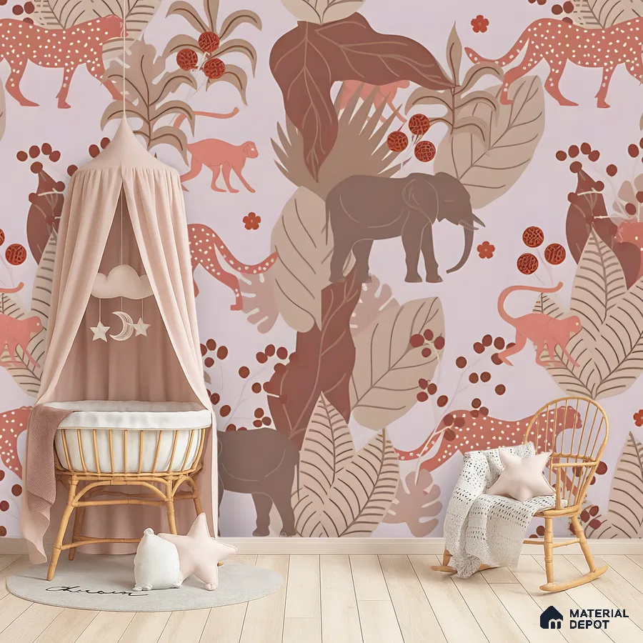 Scandinavian kids room with animal print pastel wallpaper and light wood flooring in Bengaluru