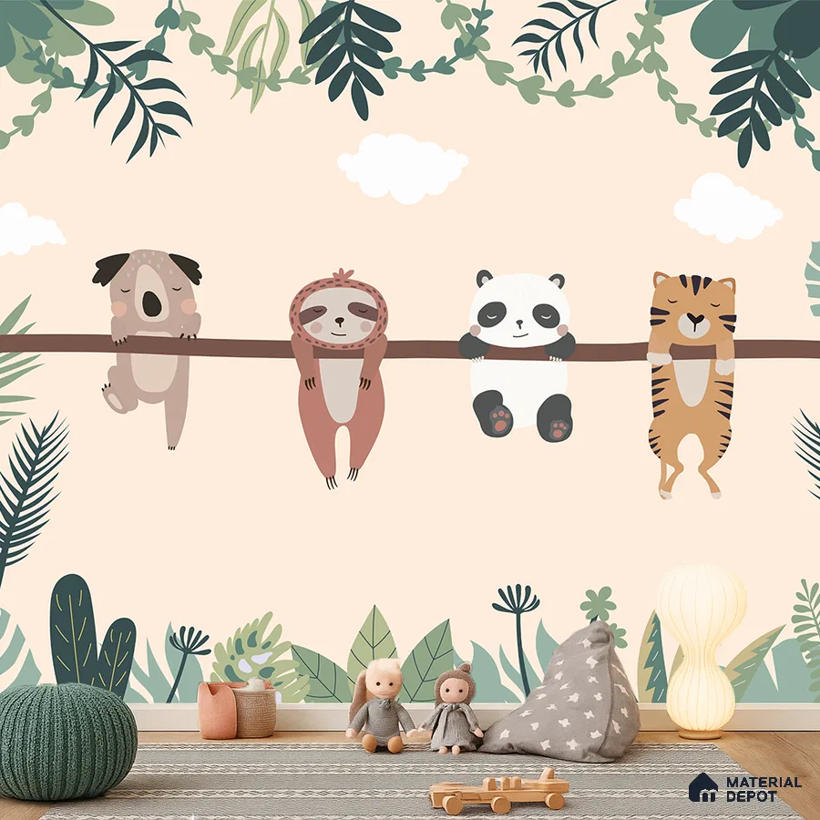 Scandinavian kids room with animal print wallpaper and pastel decor in Bengaluru