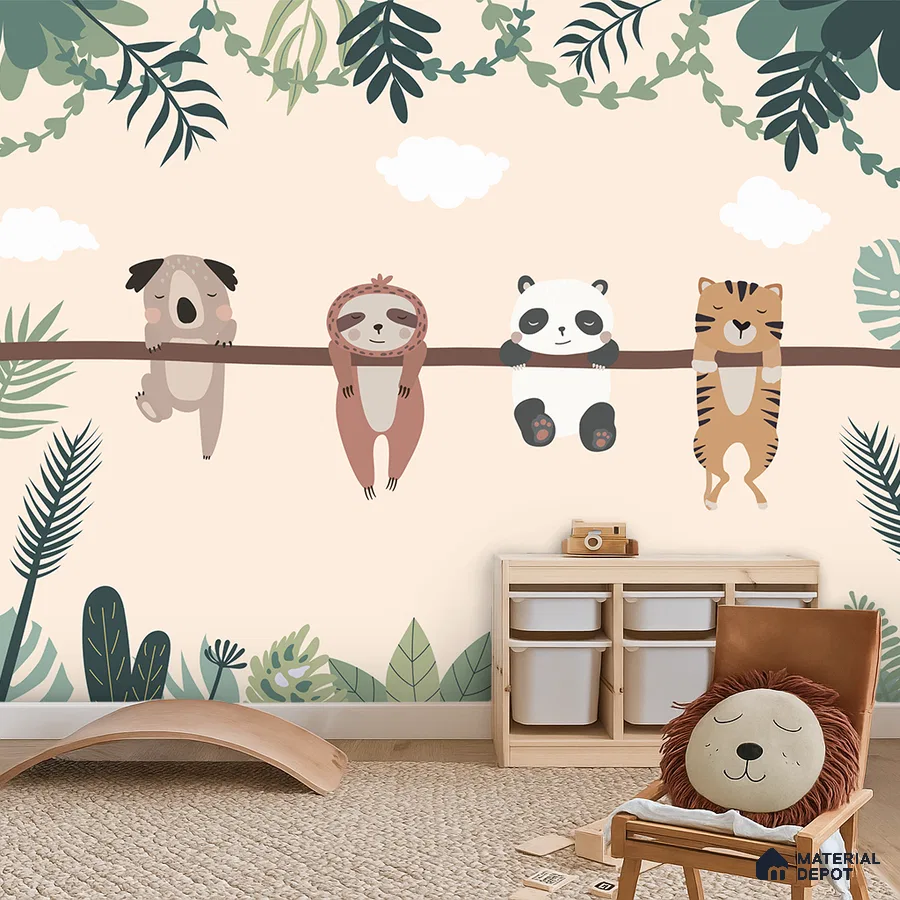 Scandinavian kids room with animal print wallpaper, natural wood storage, and woven jute rug in Bengaluru