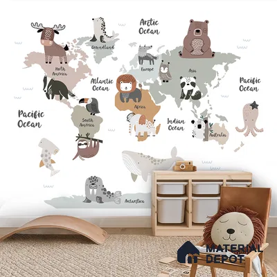 Scandinavian kids room with animal world map wallpaper and natural wood storage in Bengaluru