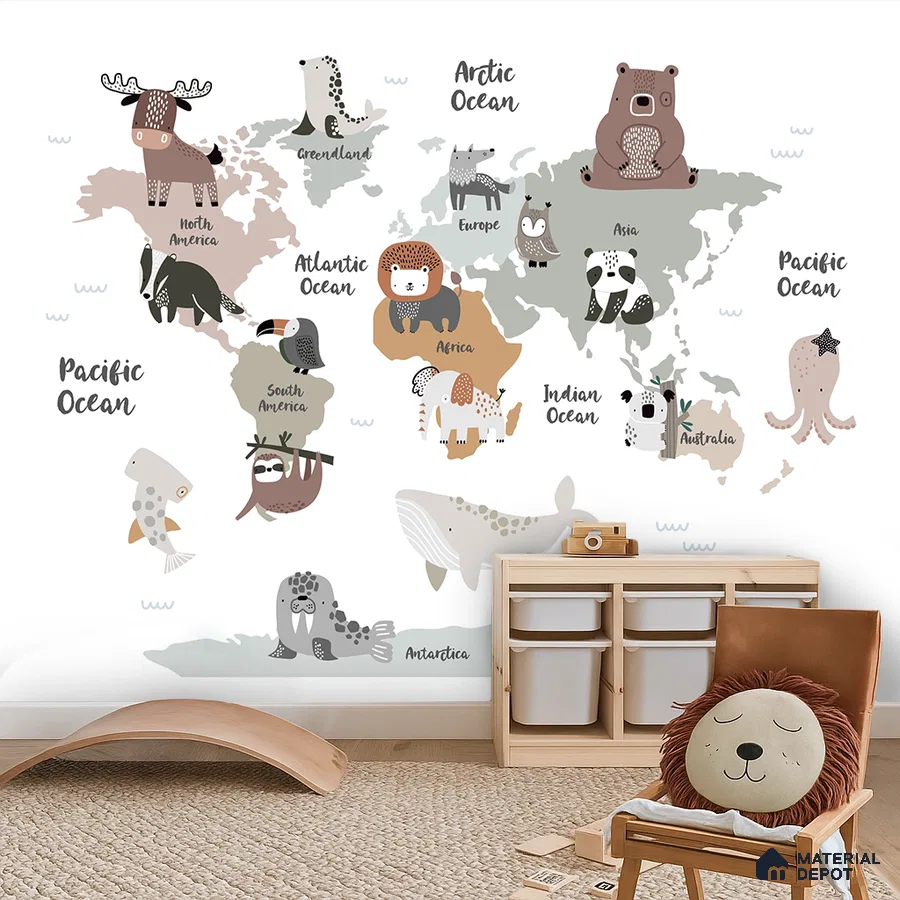Scandinavian kids room with animal world map wallpaper and natural wood storage in Bengaluru