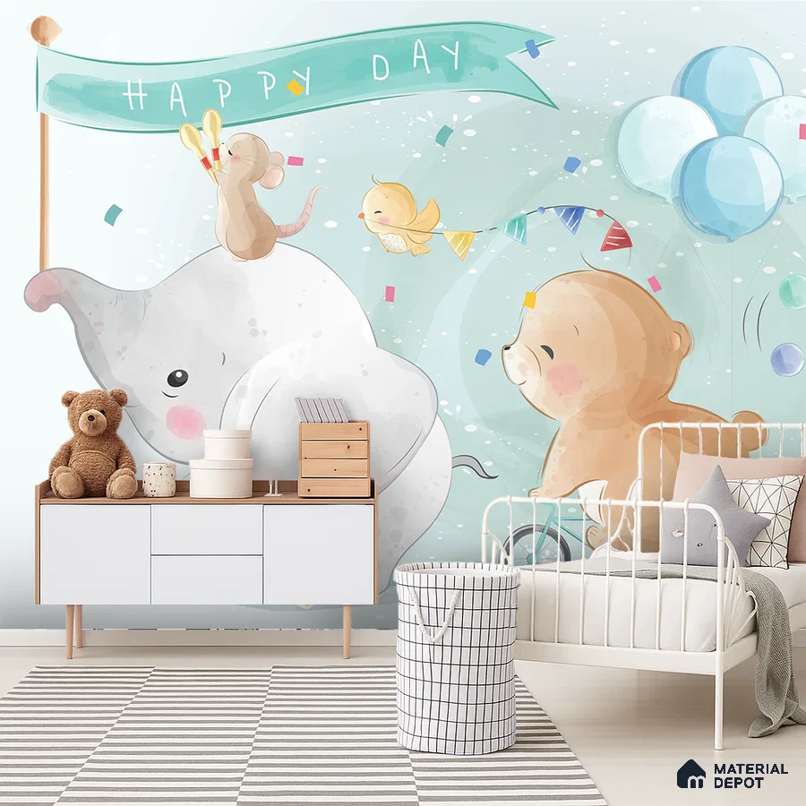 Scandinavian kids room with animal-themed mural wallpaper and white laminate furniture in Bengaluru