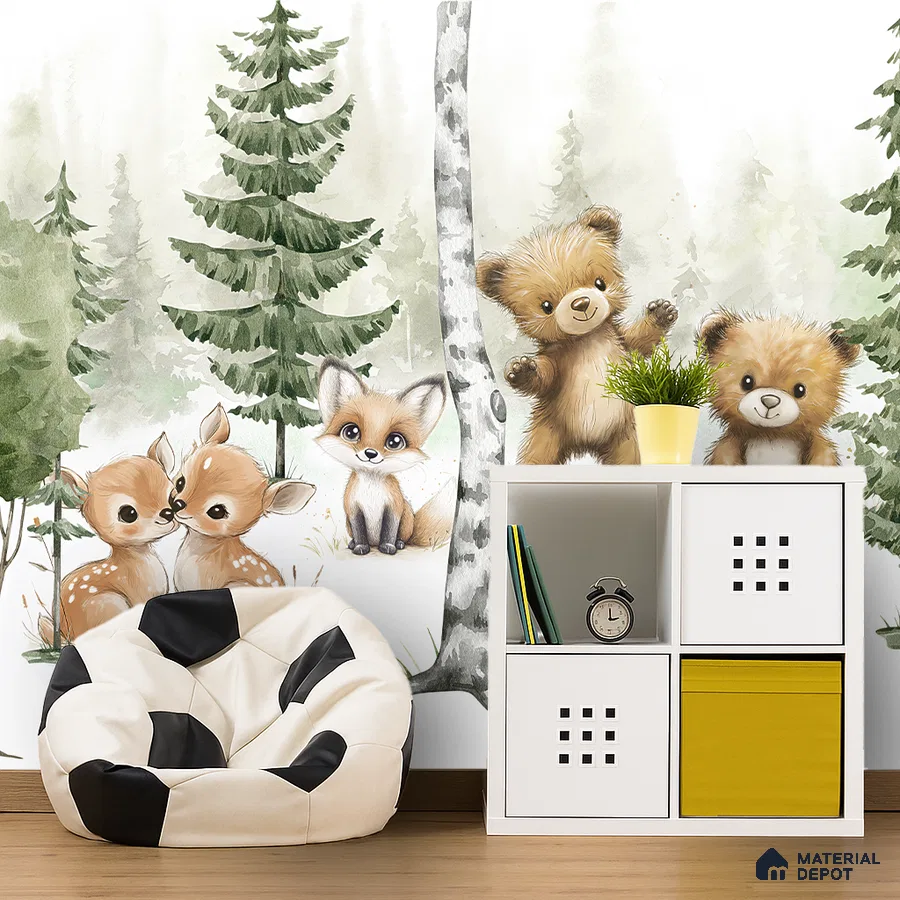 Scandinavian kids room with animal-themed nature wallpaper and white modular storage in Bengaluru