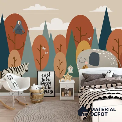 Scandinavian kids room with animal-themed patterned wallpaper and light wood flooring in Bengaluru