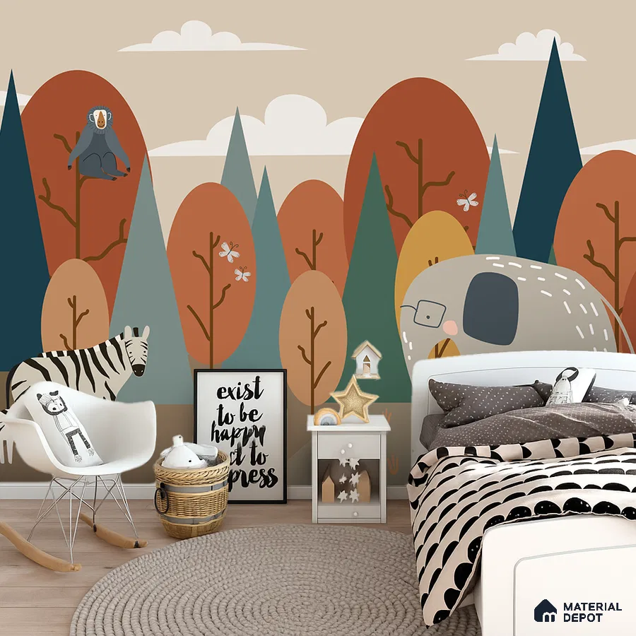 Scandinavian kids room with animal-themed patterned wallpaper and light wood flooring in Bengaluru
