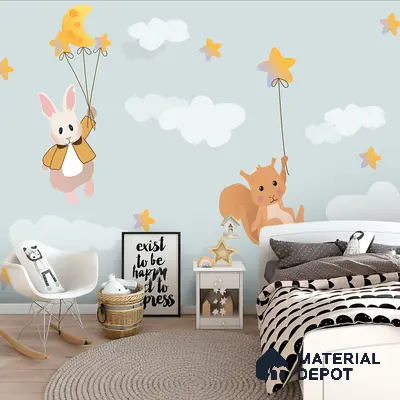 Scandinavian kids room with animal-themed wallpaper and light wood flooring in Bengaluru