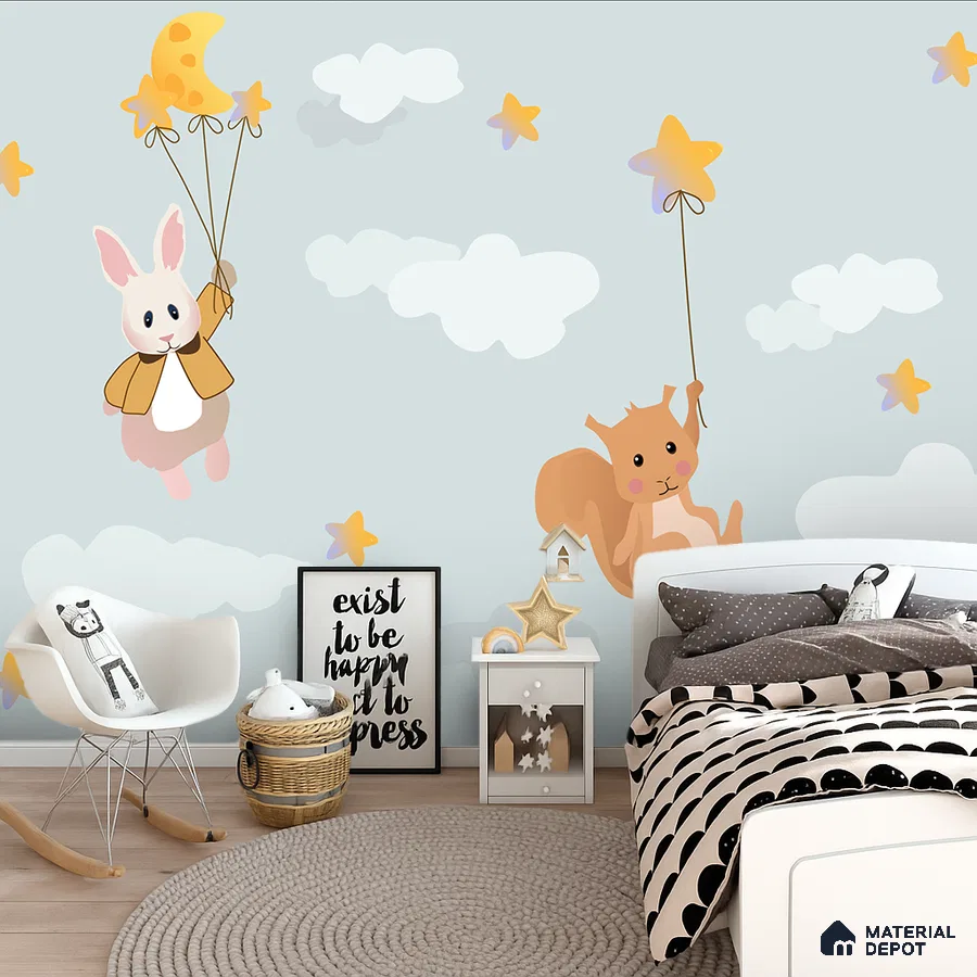 Scandinavian kids room with animal-themed wallpaper and light wood flooring in Bengaluru